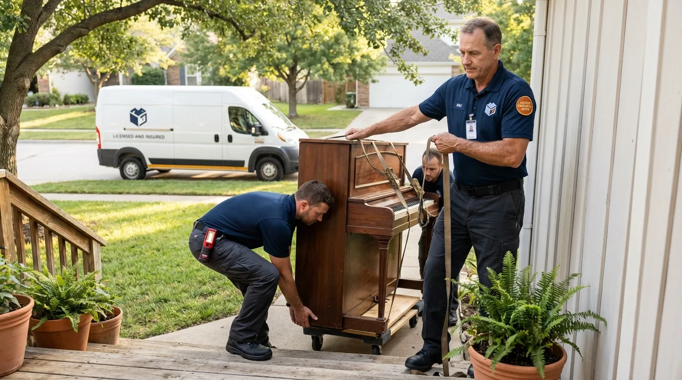 Licensed piano movers securing grand piano in Fincastle, VA