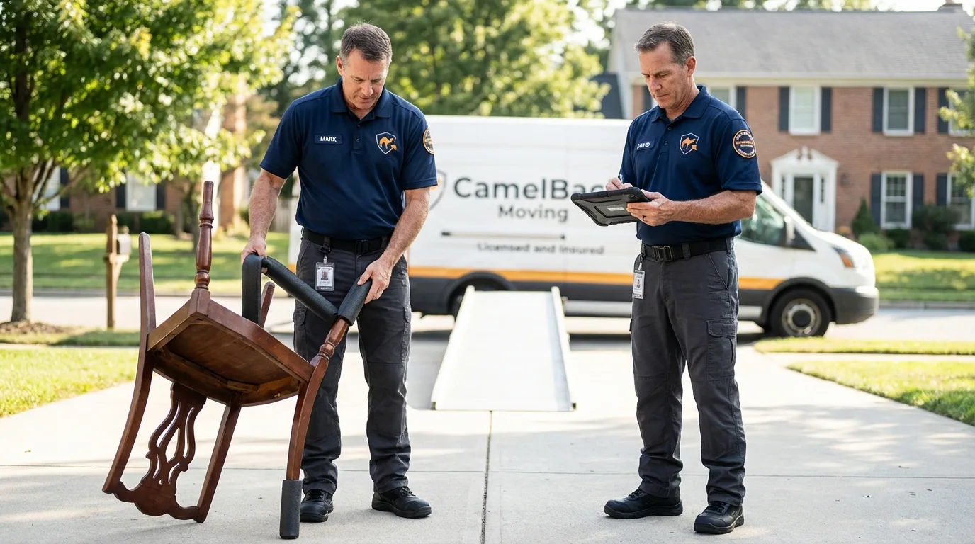 Movers inspecting furniture for damage prevention before loading in Fincastle, VA